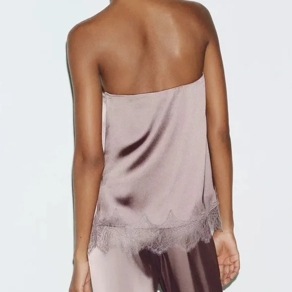 Satin Effect Lace Top, Brown/Taupe, Zara, M, NWT - Picture 4 of 8